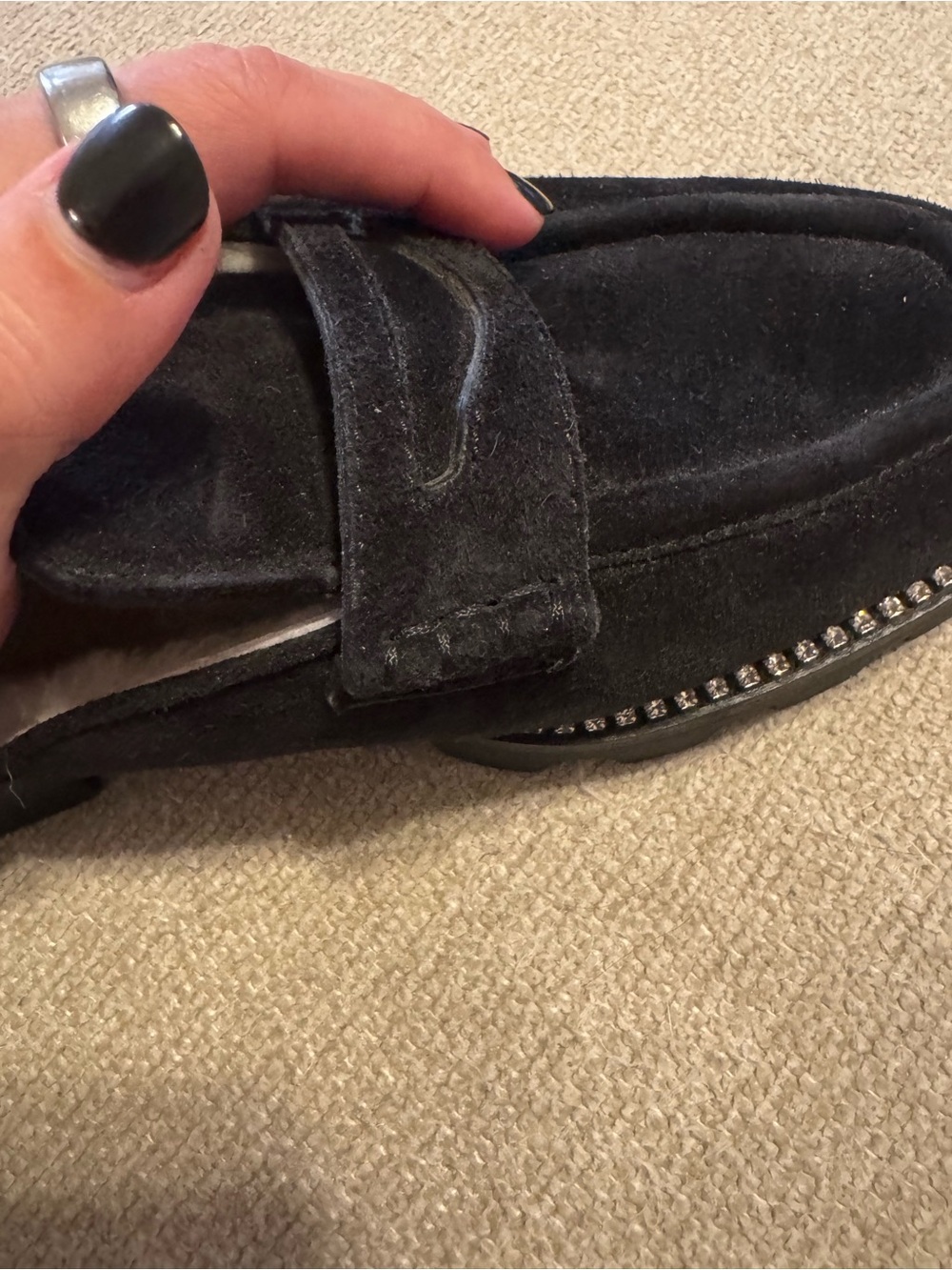 Jimmy Choo Black Suede Fur-Lined Loafer Mules with Crystal Trim - Picture 7 of 9